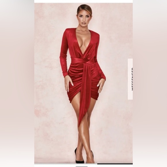 House of CB Dresses House Of Cb Farrah Red Velvet Gathered Deep V Mini Dress Size S Poshmark